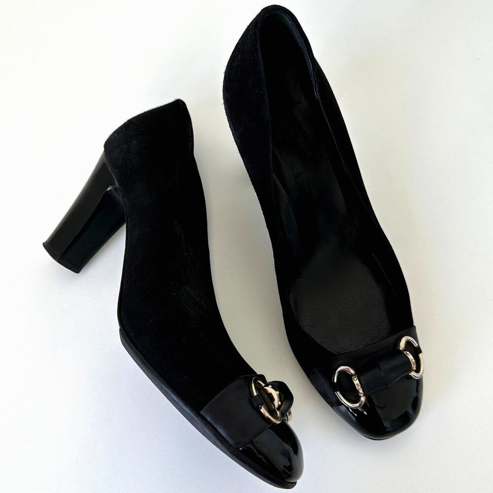 Gucci Classic Black Suede Pumps Bamboo Horsebit Cap Toe IT 39 - Picture 5 of 15